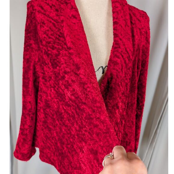Connected Apparel Red Crushed Velvet Open Front Cardigan Jacket - Picture 9 of 12